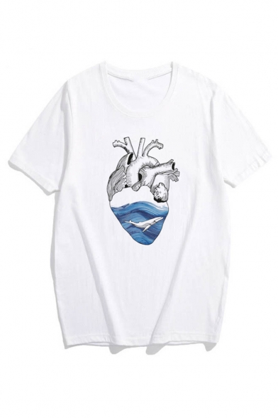 Hot Fashion Heart Printed Round Neck Short Sleeve Casual Tee