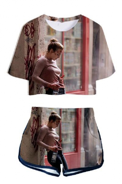 Hot Popular 3D Film Figure Pattern Short Sleeve Crop Tee with Casual Dolphin Shorts Two-Piece Set