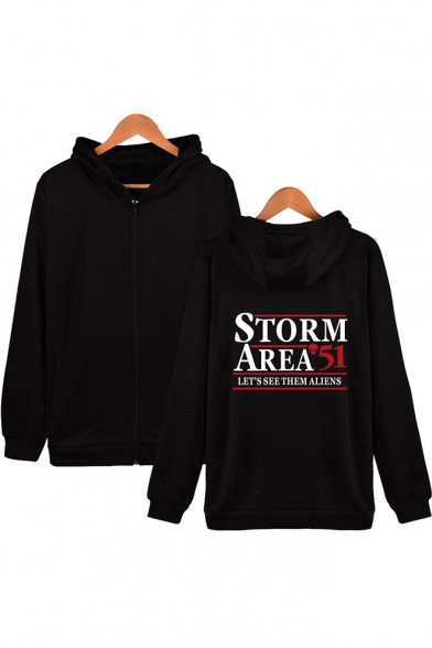 Hot Trendy Letter Storm Area Printed Long Sleeve Zip Up Fitted Hoodie