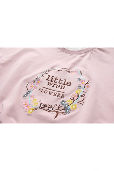 LITTLE WREN FLOWERS Letter Embroidered Lace Insert Trim Round Neck Long Sleeve Sweatshirt