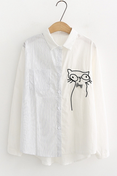 Long Sleeve Stand Collar Striped Patch Bow Cat Printed Sweet Womens Casual Loose Shirt