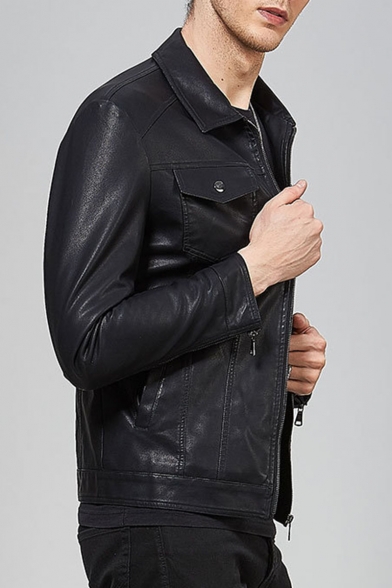 Men's Fashion Black Slim-Fit Long Sleeve Zipper Pockets Leather Moto Jacket