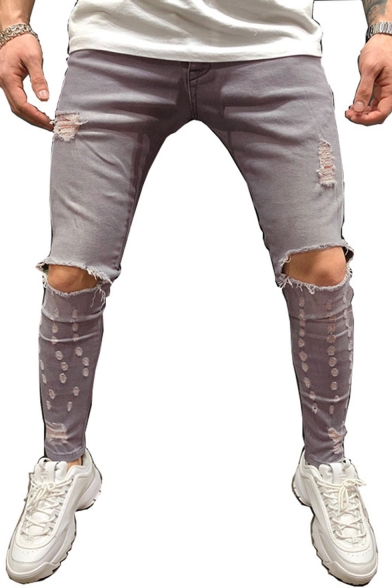 Men's Hot Fashion Cool Knee Cut Light Grey Distressed Ripped Skinny Jeans