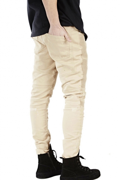 Men's Hot Fashion Simple Plain Cool Pleated Patched Khaki Frayed Ripped Biker Jeans