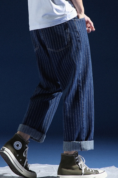 Men's Hot Fashion Stripe Printed Straight Falling Wide Leg Jeans
