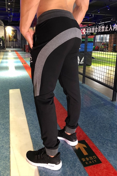 Men's New Fashion Colorblock Patched Logo Printed Drawstring Waist Casual Gym Sweatpants