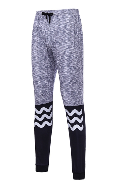 Men's New Fashion Colorblock Wave Printed Grey Drawstring Waist Leggings Sports Pencil Pants