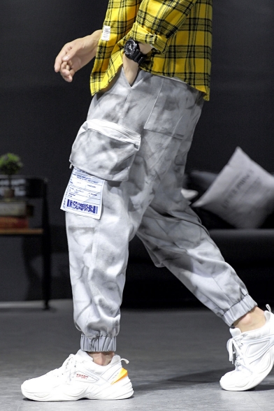 Men's New Fashion Light Grey Camouflage Printed Multi-pocket Trendy Cargo Pants