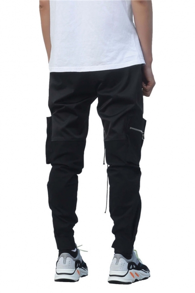 Men's New Fashion Solid Color Zipped Pocket Drawstring Waist Trendy Sports Cargo Pants