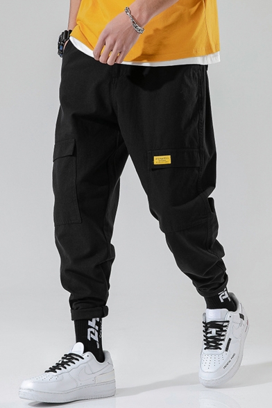 Men's New Stylish Solid Color Double Flap Pocket Front Sports Tapered Cargo Pants Track Pants