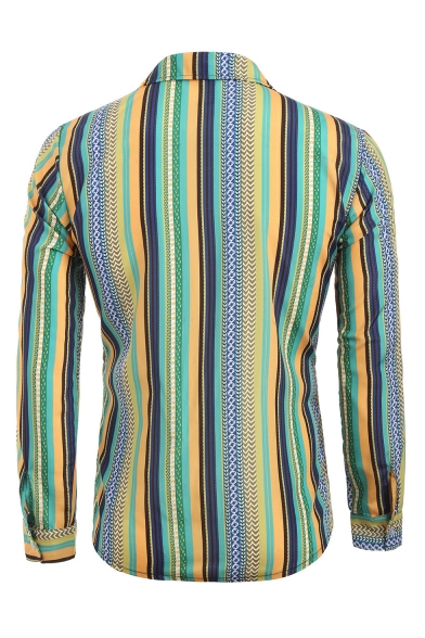 Lutratocro Mens Printed Lapel Neck Striped Long Sleeve Button Down Shirts 