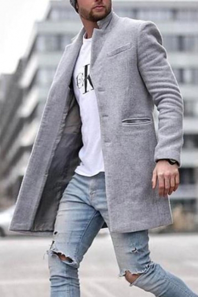 Men's Popular Stand Collar Long Sleeves Open-Front Plain Casual Mid-Length Overcoats