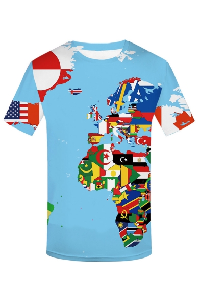 Men's Stylish Funny National Flag Earth Pattern Round Neck Short Sleeve Casual Blue T-Shirt