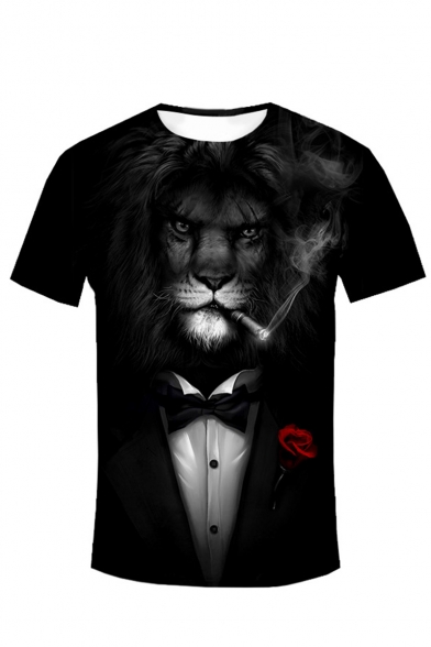 Men's Summer Hot Popular Lion Pattern Round Neck Short Sleeve Leisure Black T-Shirt