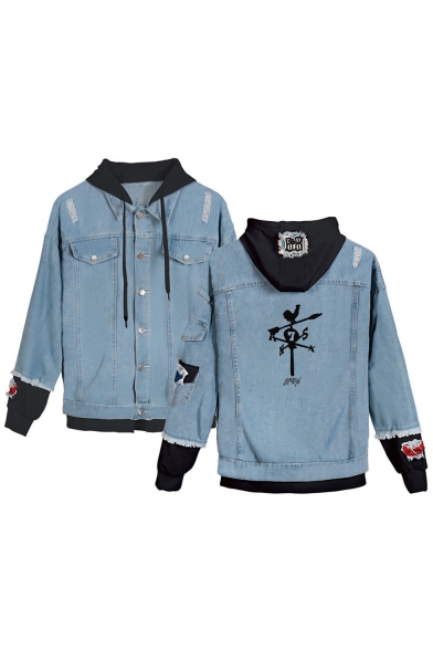 Mens Hot Fashion Comic Ripped Buttons Down Long Sleeve Hooded Denim Jacket Coat