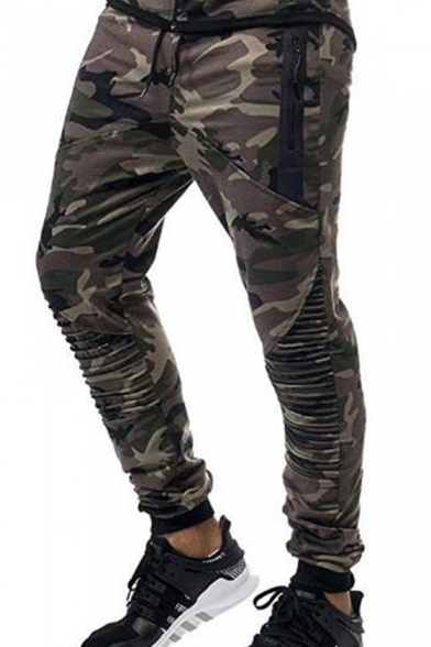Mens New Fashion Cool Camouflage Printed Knee Pleated Patched Slim Fitted Casual Sports Pencil Pants