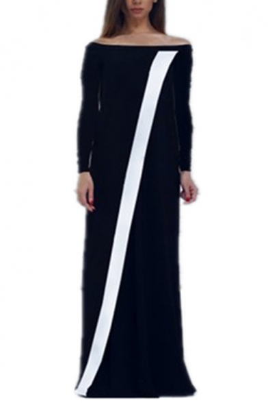 

Moslem Fashion Boat Neck Long Sleeve Striped Black Shift Column Maxi Enevning Dress, LM558015