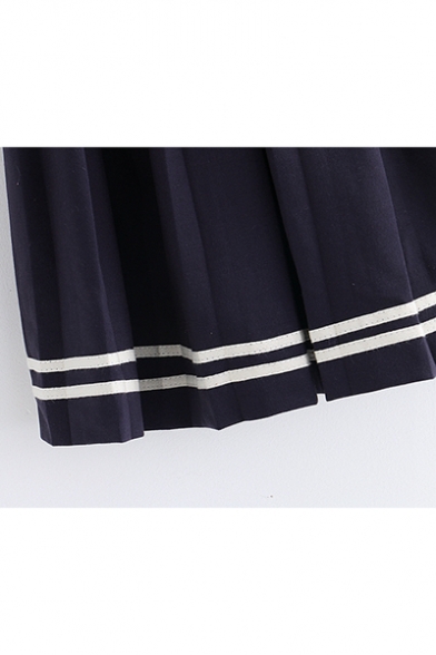 Navy Elastic Waist Bow Tie Striped Trim Emblem Embroidered Mini Pleated A-Line Skirt