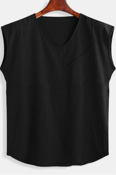 New Arrival Mens Sleeveless Round Neck Cotton Linen Casual Loose Tank T Shirt