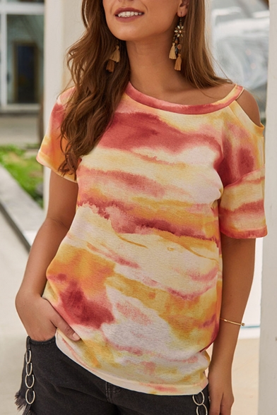 New Arrival Round Neck Short Sleeve Cutout Tie Dye Classic Knitted T Shirt