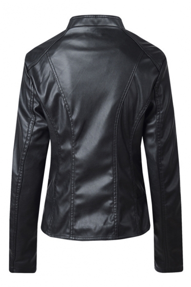 New Arrival Simple Plain Long Sleeve Notched Lapel Collar Zipper Front PU Motorcycle Jacket