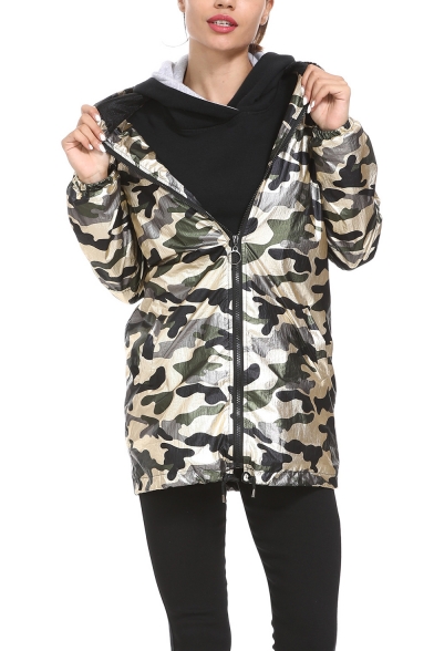 New Fashion Classic Camouflage Printed Zip Up Hooded Long Metallic Outdoor Coat