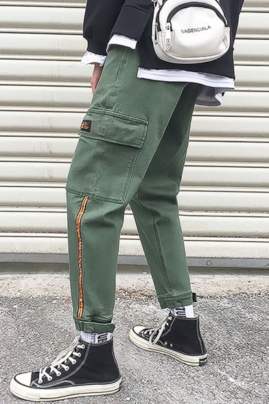 New Fashion Contrast Stripe Side Flap Pocket Army Green Casual Cargo Pants for Guys