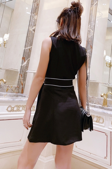 New Fashion Lapel Collar Sleeveless Double Breasted Belted Contrast Piping A-line Mini Black Blazer Dress