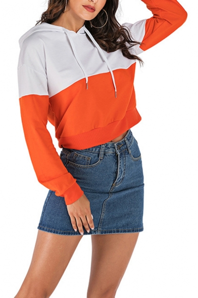 New Fashion Patchwork Color Block FRIEND Letter Embroidered Long Sleeve Cropped Hoodie