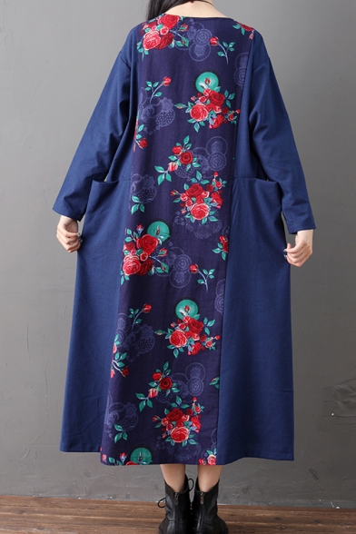 New Fashion Round Neck Long Sleeve Floral Printed Pockets Loose National Style Maxi Shift Dress