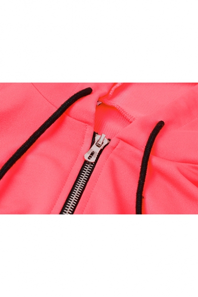 New Fashion Simple Basic Plain Long Sleeve Pink Zip Up Cropped Hoodie