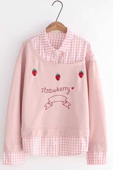 New Fashion Strawberry Letter Embroidered Patchwork Plaid Lapel Two-Piece Button decoration Long Sleeve Pullover Sweatshirt