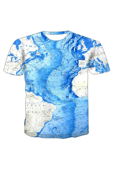 New Stylish 3D Map Print Round Neck Short Sleeve Basic Blue T-Shirt For Men