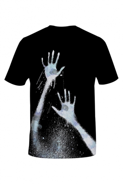 New Stylish Halloween Hand Print Round Neck Short Sleeve Basic Black T-Shirt