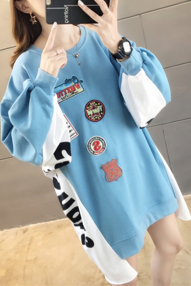 New Stylish Letter Embroidered Printed Patchwork Color Block Round Neck High Low Long Sleeve Loose Pullover Sweatshirt