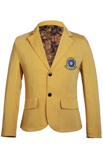 New Stylish Simple Logo Printed Notched Lapel Collar Long Sleeve Two-Button Yellow Slim Blazer Jacket