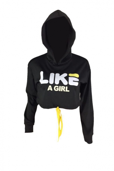 New Trendy Black LIKE A GIRL Letter Printed Long Sleeve Cropped Pullover Hoodie