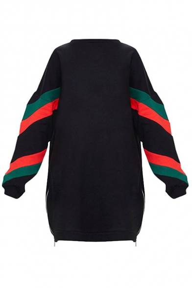 New Trendy Black Split Zip-Embellished Hem Color Block Round Neck Striped Long Sleeve Long Sweatshirt