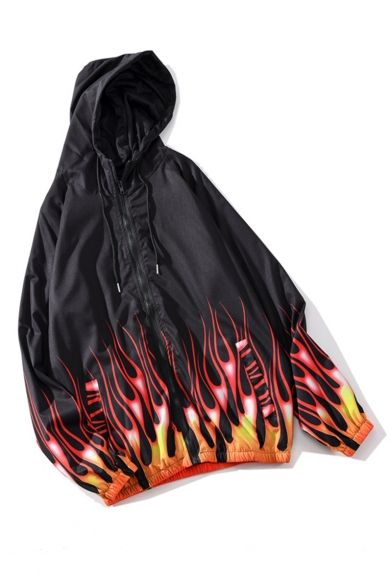 New Trendy Fire Print Long Sleeve Zip Placket Drawstring Hooded Casual Jacket For Men