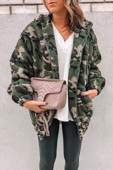 New Trendy Leisure Camouflage Pattern Zip Up Long Sleeve Loose Hooded Shearling Coat