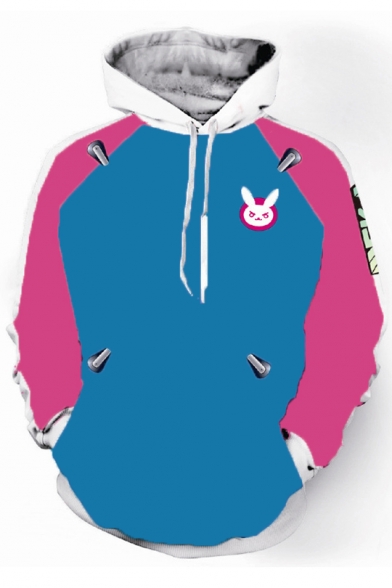 Overwatch Comic Rabbit Print Colorblock Long Sleeve Pullover Blue Drawstring Hoodie