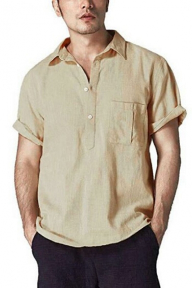 Plain Rolled Sleeve Stand Collar Pocket Front Casual Loose Linen Cotton Shirt