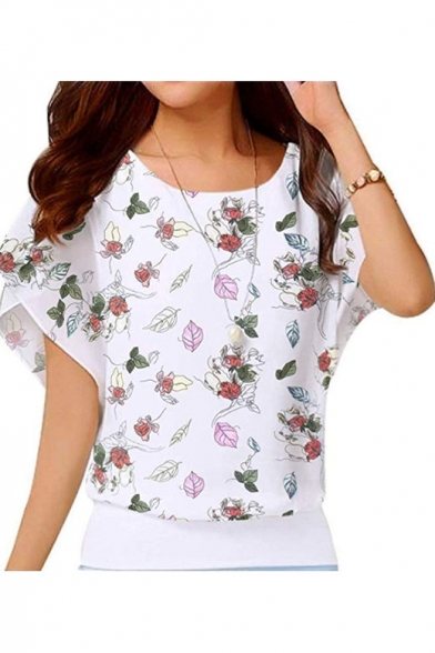 Round Neck Sheer Flared Sleeve Floral Printed Loose Elegant Chiffon T Shirt
