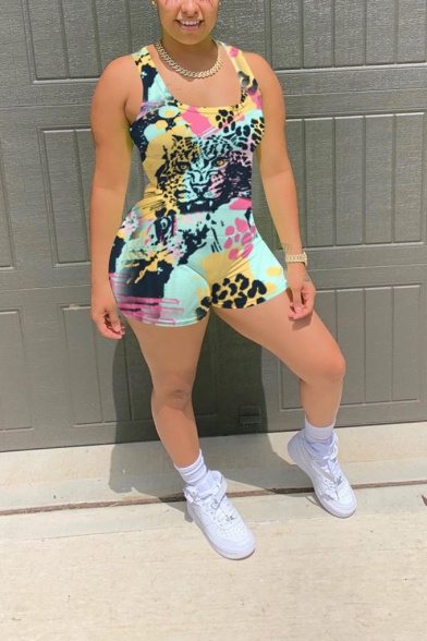 Sexy Sleeveless Scoop Neck Cartoon Printed Slim Fitted Rompers for Club