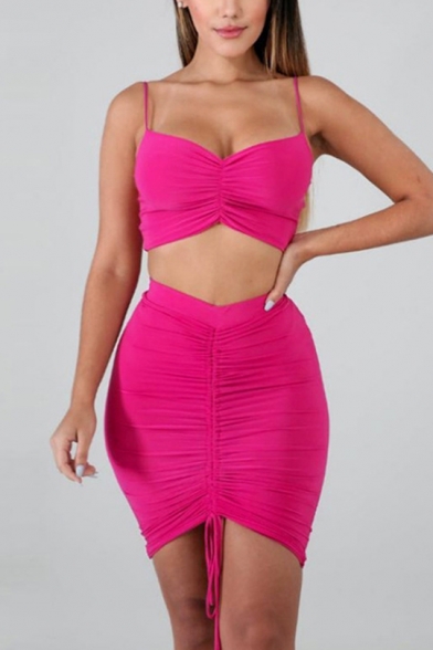 Sexy Straps Sleeveless Top with Drawstring Hem Mini Skirt Plain Ruch Skinny Co-ords