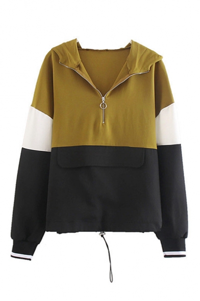 Simple Color Block Half-Zip Closure Hooded Drawstring Hem Anorak Short Jacket