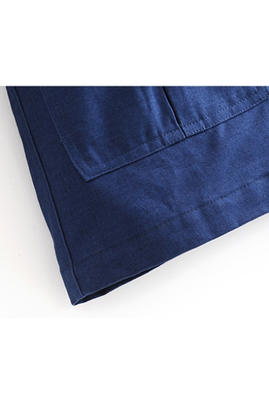 Simple Embroidery Letter Pattern Printed Detachable Belt Long Dark Blue Work Jacket Coat