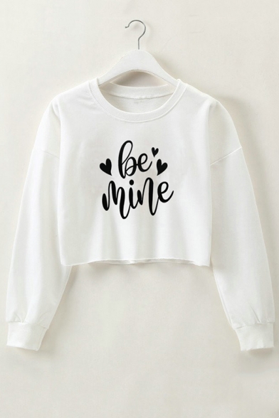Simple Love Letter Love Heart Printed Round Neck Long Sleeve Crop Loose Sweatshirt