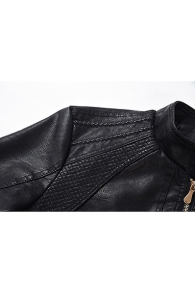 Solid Color High Neck Long Sleeve Zipper Front PU Cropped Biker Jacket
