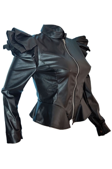 Solid Color Zipper Asymmetric Peplum Shoulder Slim Leather Cropped Jacket